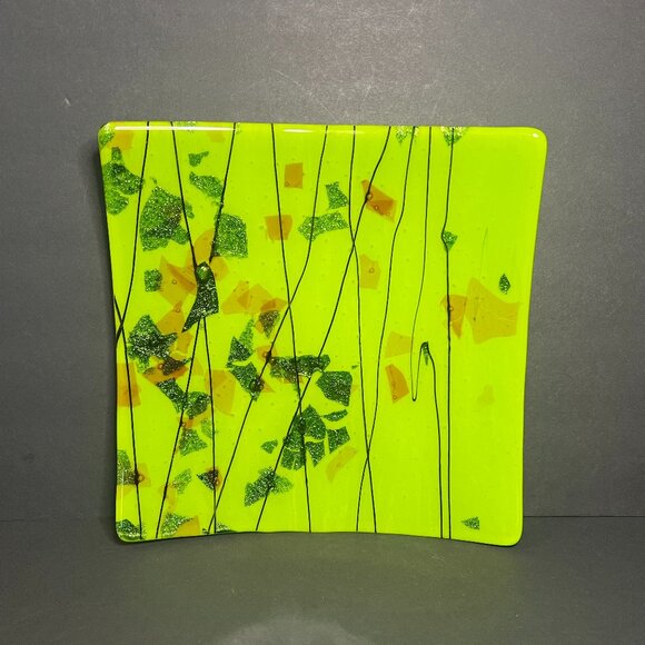 Art Deco Green Black Abstract Square Art Glass Lined & Glitter Flaked Plate 10" - Picture 1 of 6